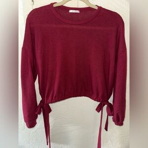 Junie Dark Red Super Soft Cropped Scrunch Waist Sweater With Tie Up Sides